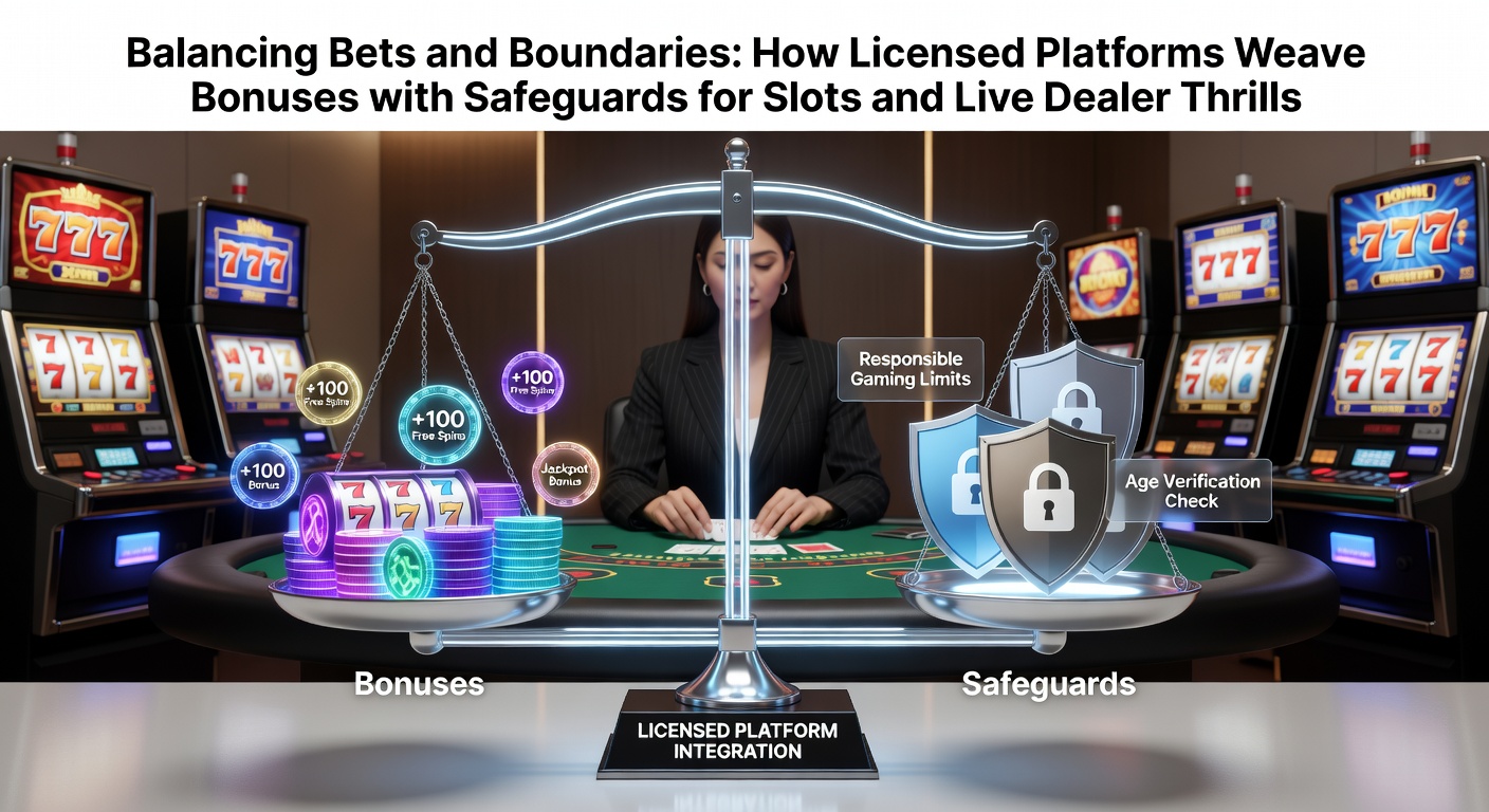 Grafiek die bonussen en veiligheidsmaatregelen op gelicenseerde Nederlandse casino-platforms illustreert, met slots en live dealer tafels in de spotlight