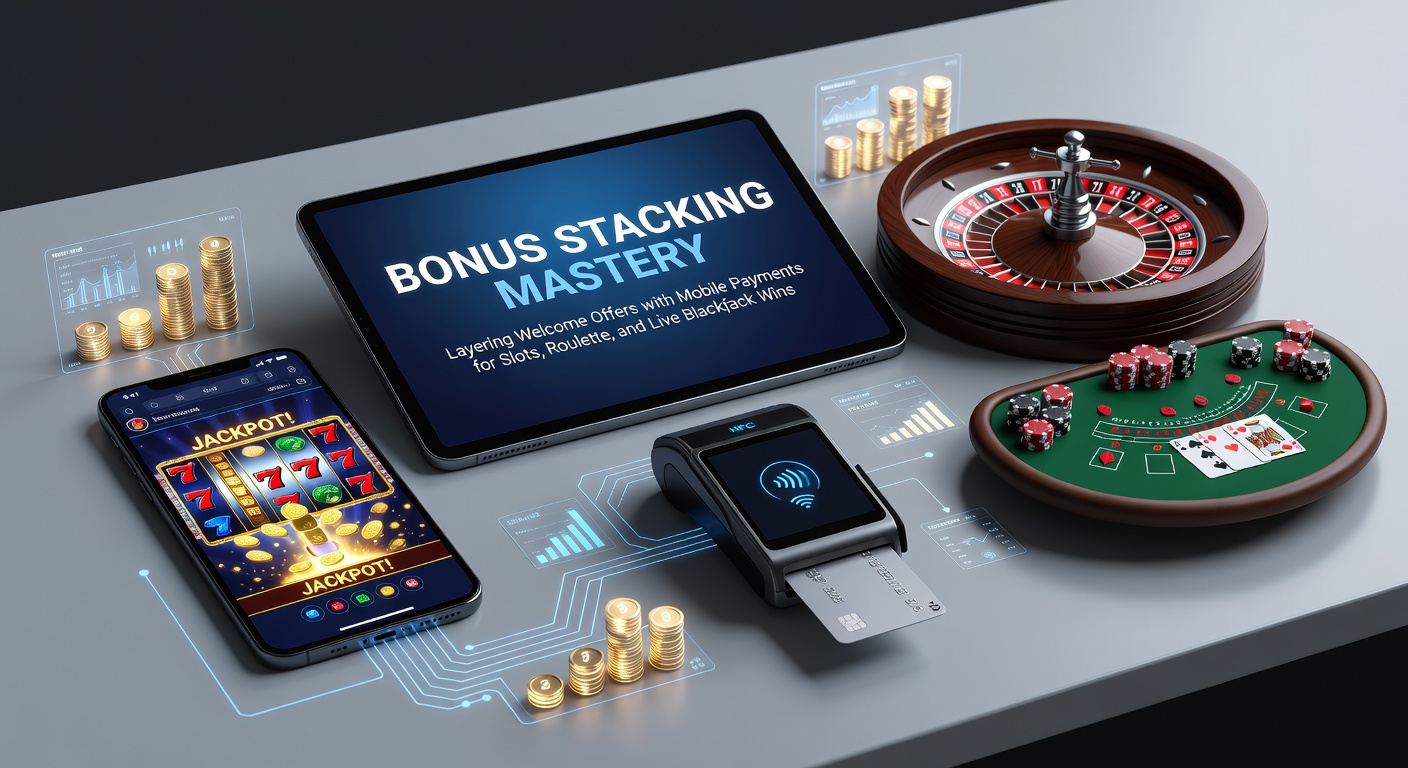 Grafische weergave van bonuslagen die samenkomen met mobiele betaaliconen boven slots- en tafelmachines voor roulette en blackjack
