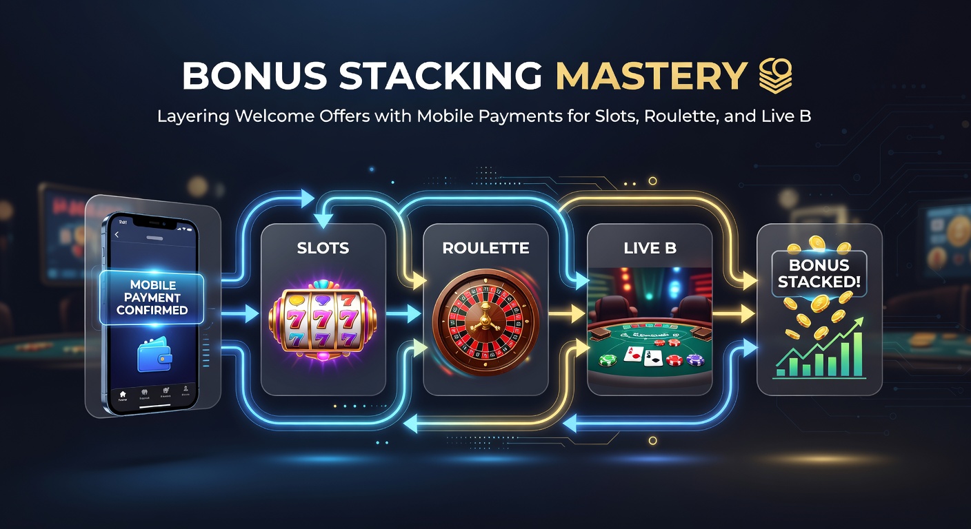 Dynamische illustratie van mobiele telefoon met overlappende bonusiconen boven actieve roulettewiel en blackjacktafel