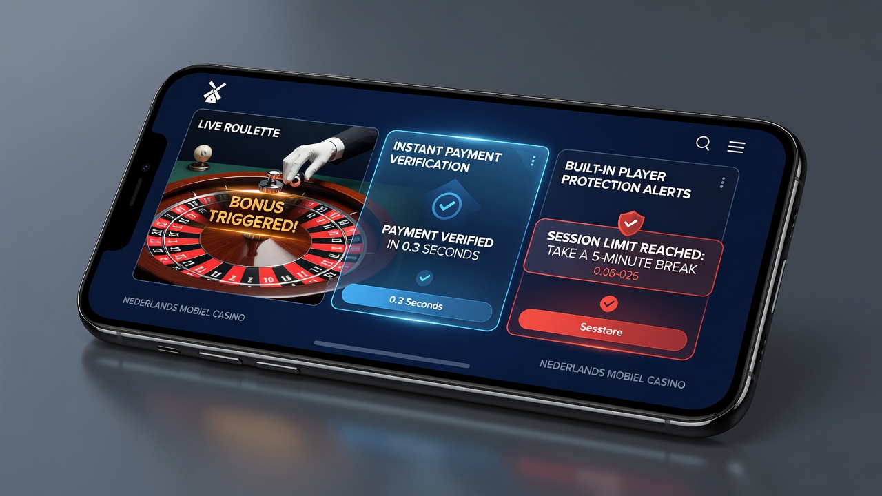 Nederlandse mobiele casino interface die instant betalingsverificatie toont naast live roulette bonus triggers en spelerbeschermingsalerts
