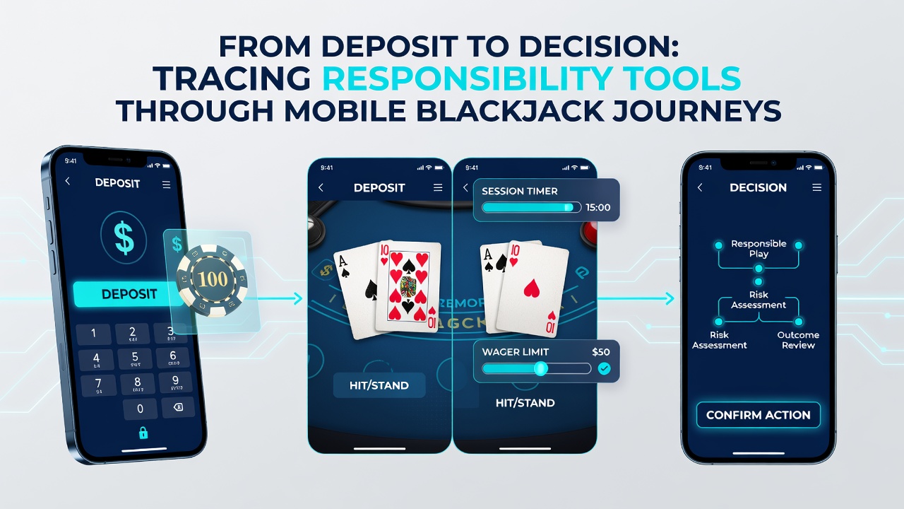 Mobiele blackjack interface met zichtbare verantwoordingshulpmiddelen zoals limietinstellingen en tijdwaarschuwingen