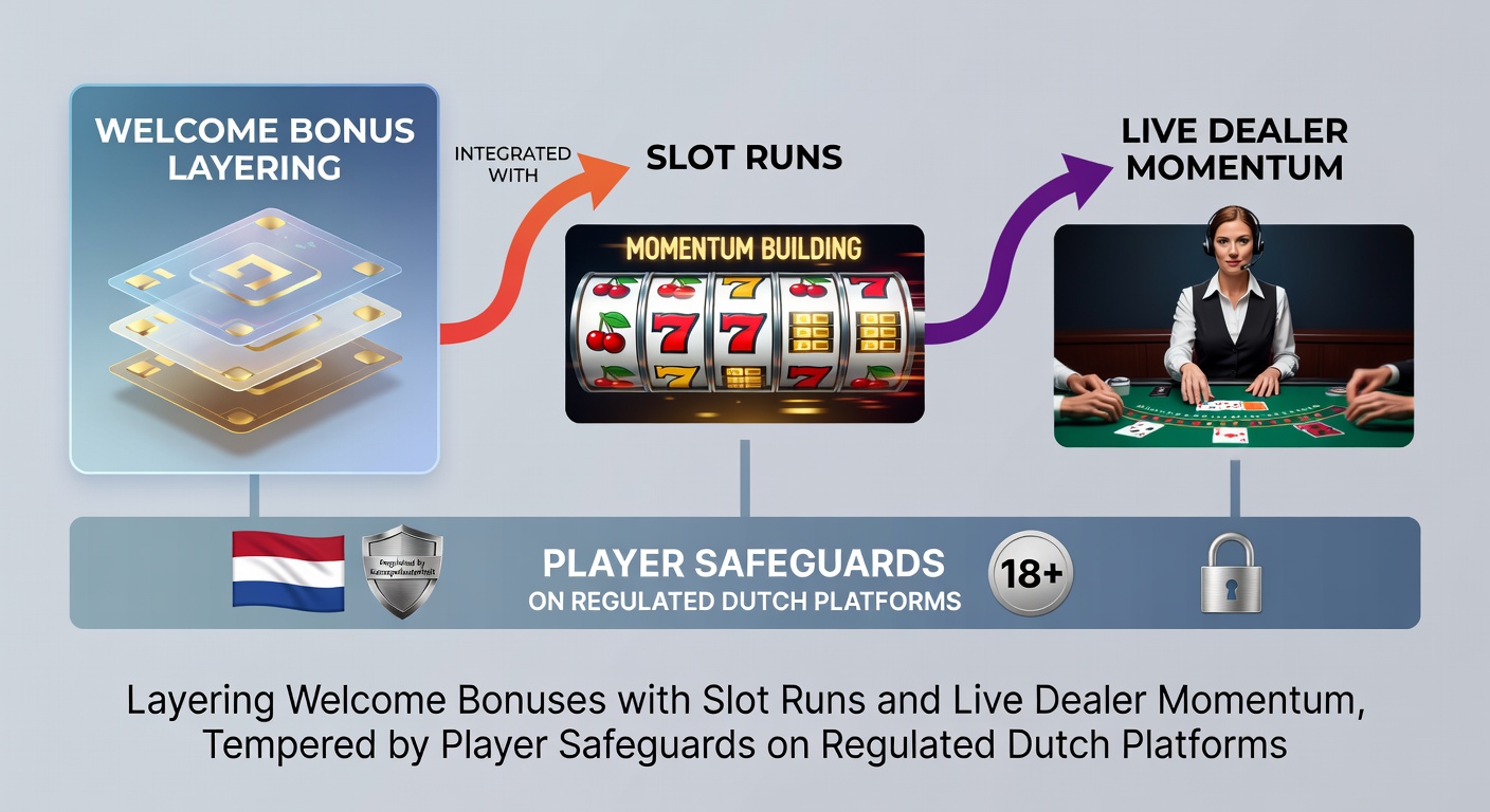 Grafische weergave van gestapelde bonussen naast draaiende slots en live dealer tafels op een Nederlands casino platform, met iconen voor spelerlimieten