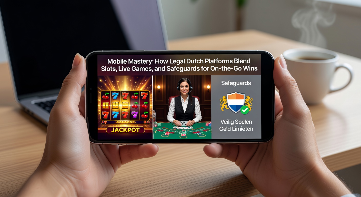 Mobiele interface van een legaal Nederlands online casino met slots en live games zichtbaar op een smartphone-scherm, inclusief veiligheidsiconen zoals Cruks en stortingslimieten