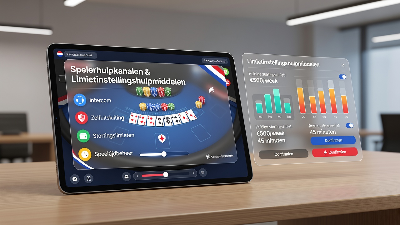 Schermafbeelding van limietinstellingen en hulpkanalen in een Nederlandse mobiele casino-app voor tafelspellen