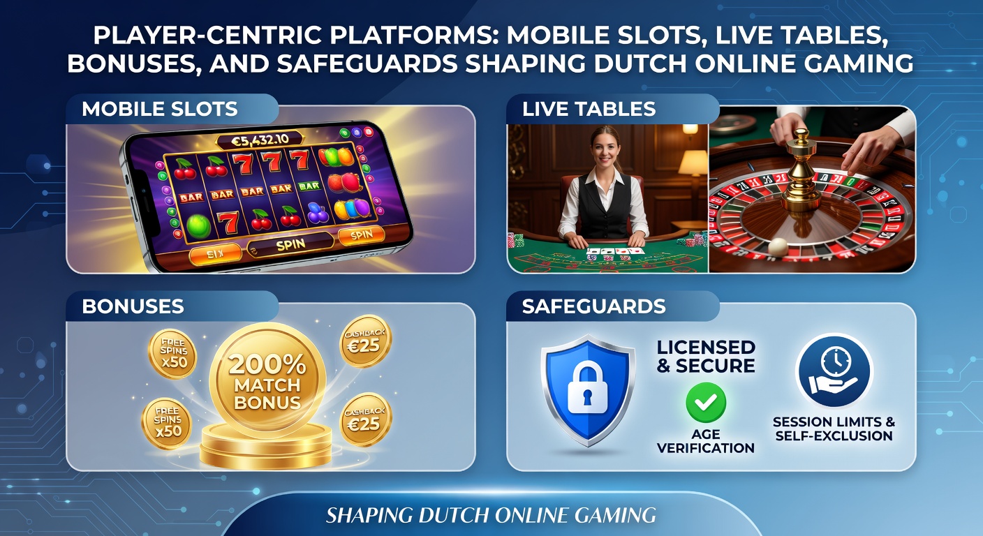 Grafiek met statistieken over spelerretentie in mobiele slots en live tafels, met bonussen en veiligheidsiconen op een Nederlands platform