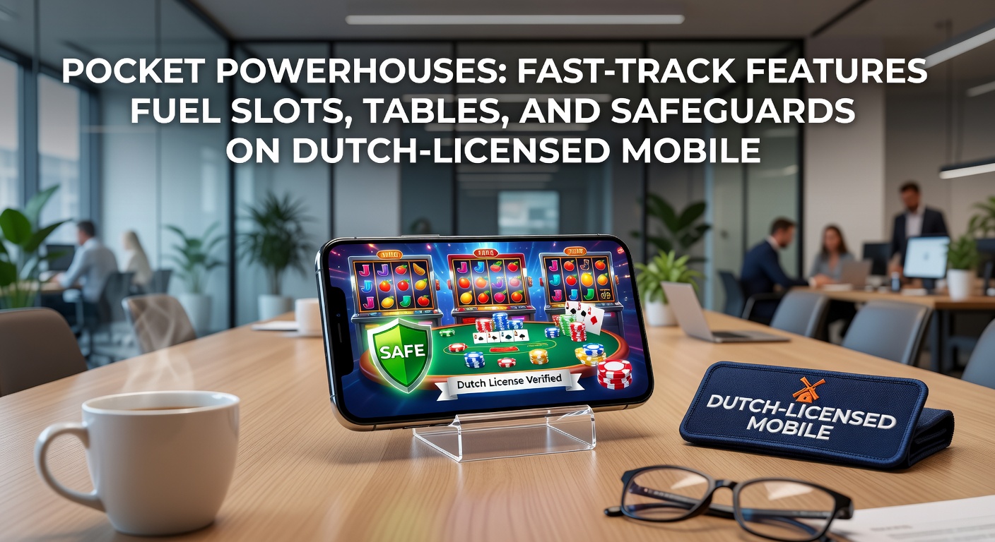 Smartphone met opengevouwen app-interface van een Nederlands casino, toonmakend snelle uitbetalingsopties, een draaiende slotmachine en een live roulette tafel met beveiligingsindicatoren