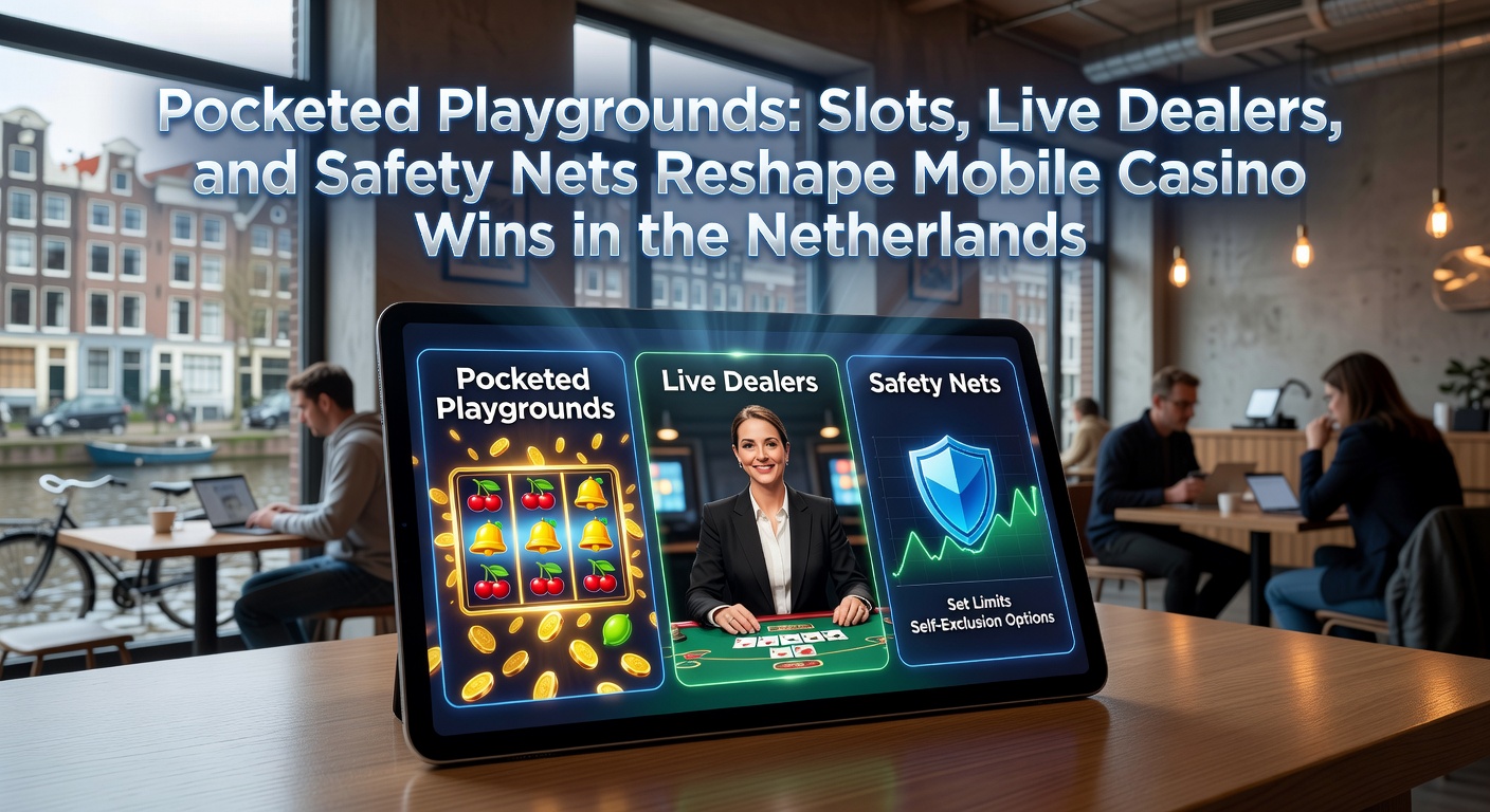 Grafiek met stijgende lijnen van mobiele gokwinsten in Nederland, slots en live dealers naast iconen van veiligheidsnetten zoals zelfuitsluiting en stortingslimieten