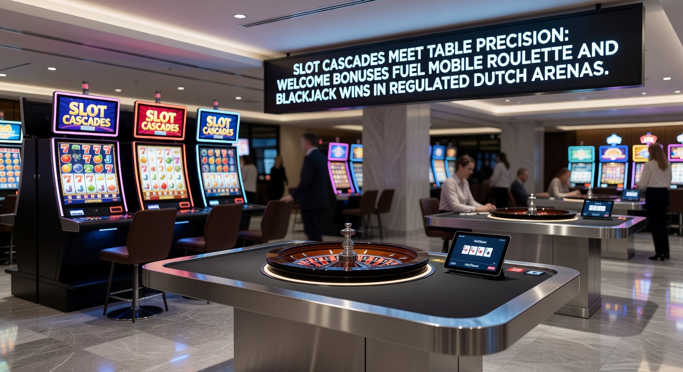 Dynamische weergave van mobiele slots met cascade-effecten naast live roulette- en blackjacktafels op een smartphone in een Nederlands casino-omgeving