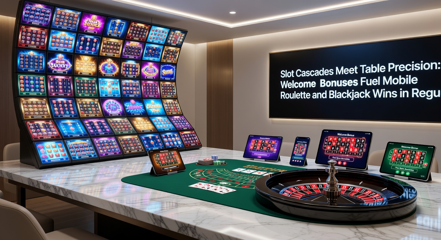Smartphone-scherm met actieve welcome bonus op een cascade-slot naast een live blackjack-tafel, highlights mobiele wins in Nederlandse setting